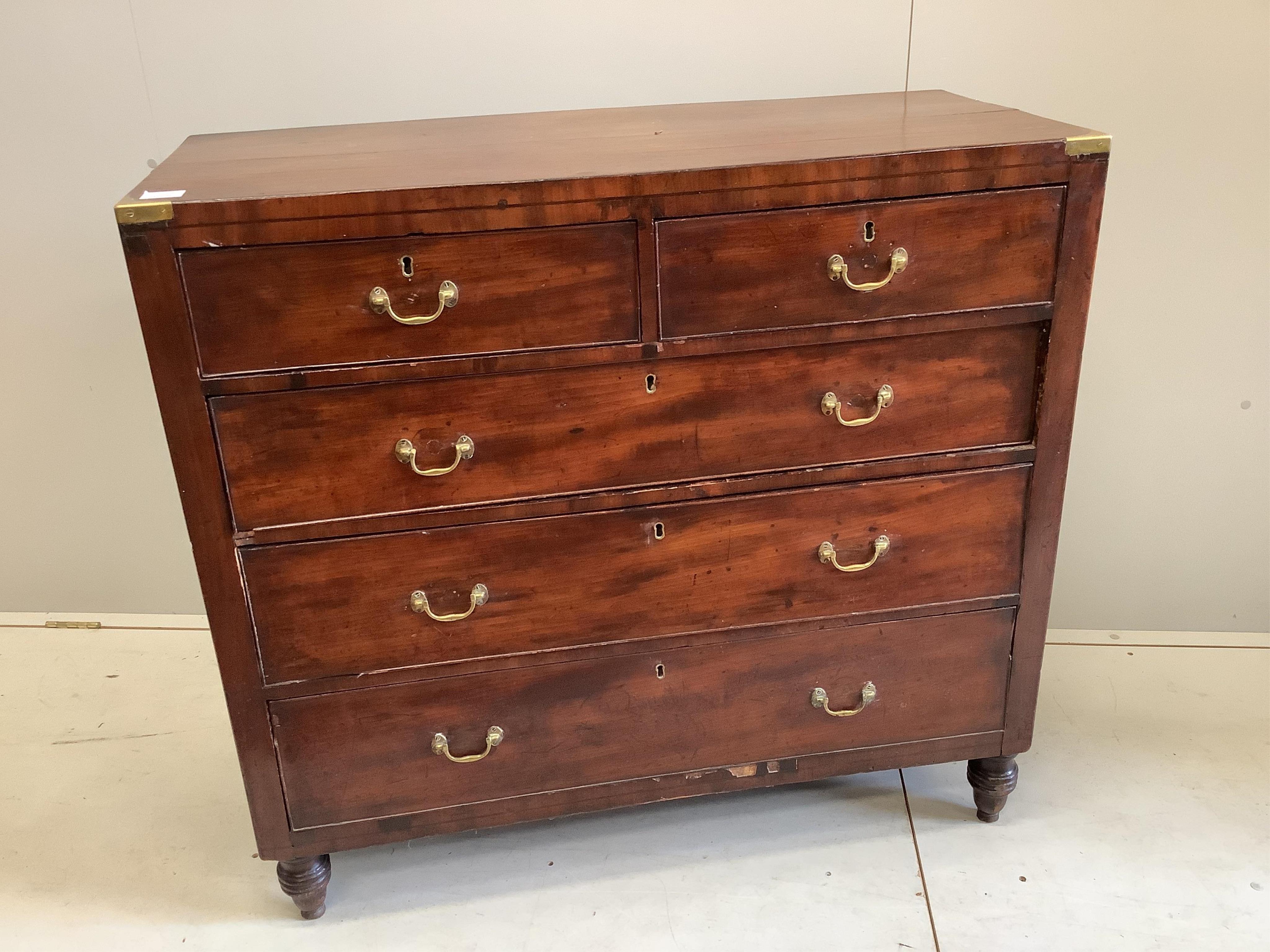 An early19th century brass bound mahogany chest, width 106cm, depth 45cm, height 99cm. Condition - fair